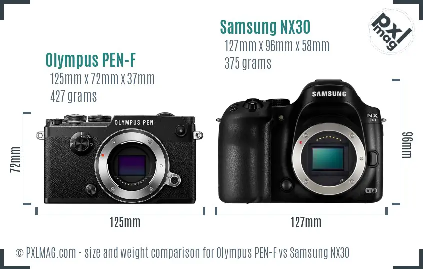 Olympus PEN-F vs Samsung NX30 size comparison