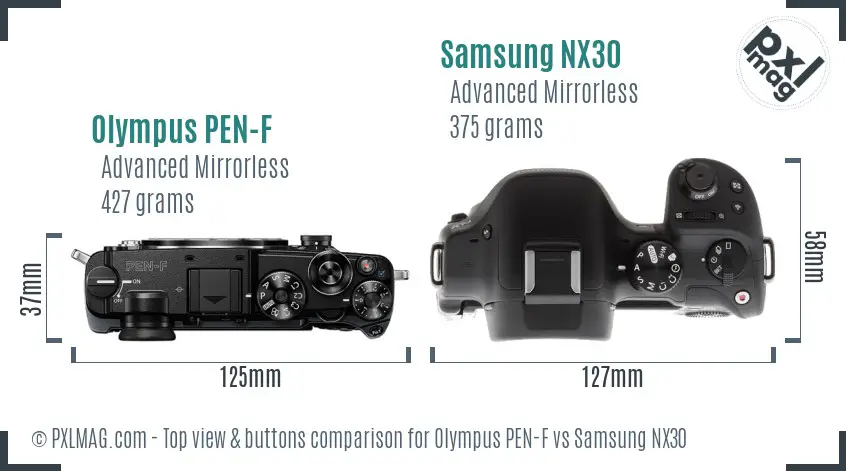 Olympus PEN-F vs Samsung NX30 top view buttons comparison
