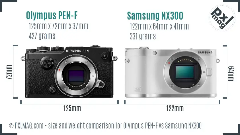 Olympus PEN-F vs Samsung NX300 size comparison