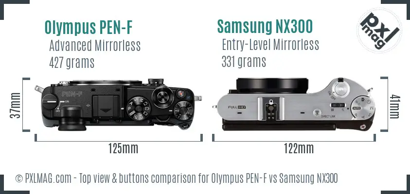 Olympus PEN-F vs Samsung NX300 top view buttons comparison