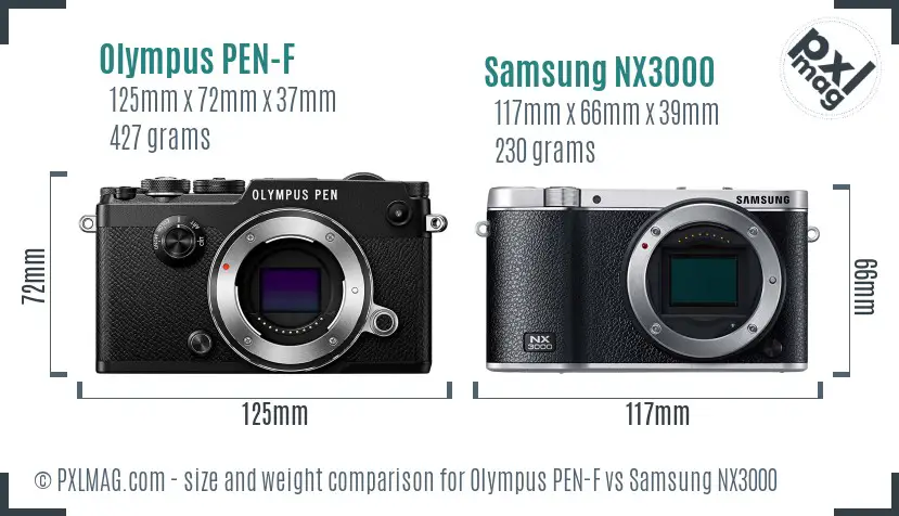 Olympus PEN-F vs Samsung NX3000 size comparison