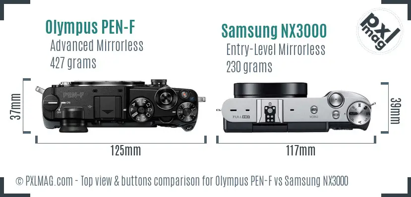 Olympus PEN-F vs Samsung NX3000 top view buttons comparison