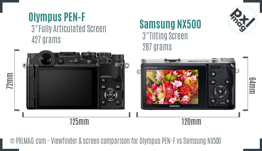 Olympus PEN-F vs Samsung NX500 Screen and Viewfinder comparison