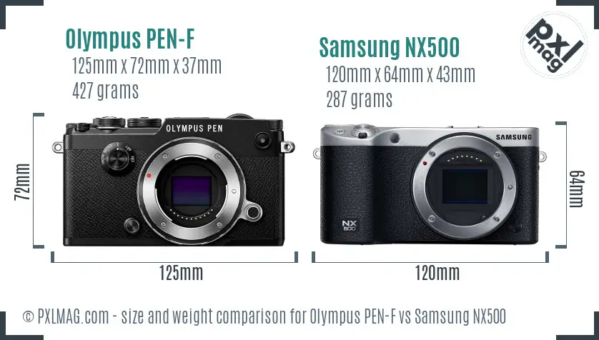 Olympus PEN-F vs Samsung NX500 size comparison
