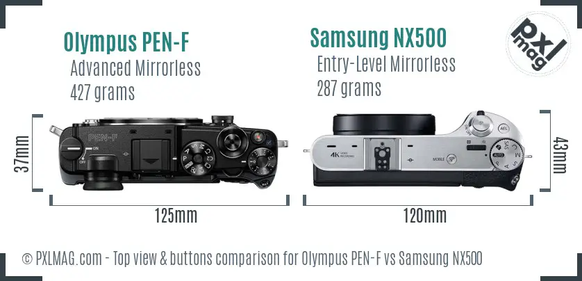 Olympus PEN-F vs Samsung NX500 top view buttons comparison