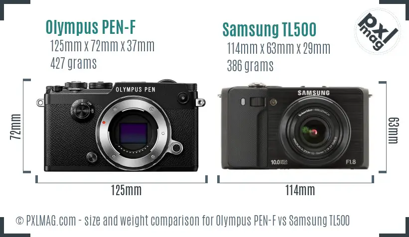 Olympus PEN-F vs Samsung TL500 size comparison