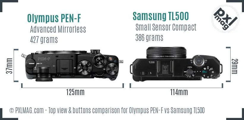 Olympus PEN-F vs Samsung TL500 top view buttons comparison