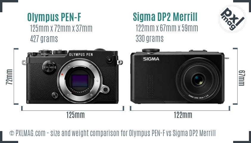 Olympus PEN-F vs Sigma DP2 Merrill size comparison