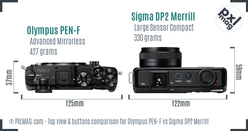 Olympus PEN-F vs Sigma DP2 Merrill top view buttons comparison