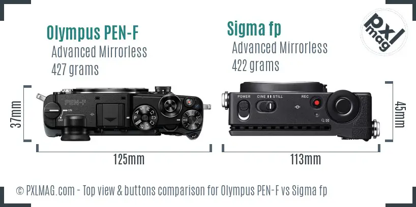 Olympus PEN-F vs Sigma fp top view buttons comparison