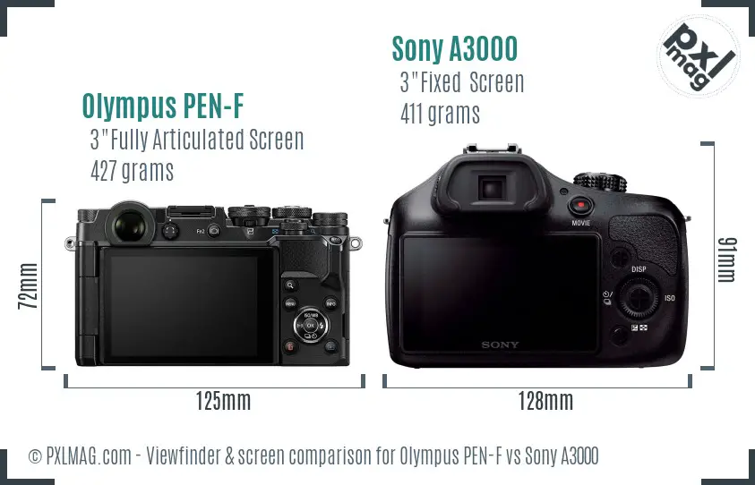 Olympus PEN-F vs Sony A3000 Screen and Viewfinder comparison