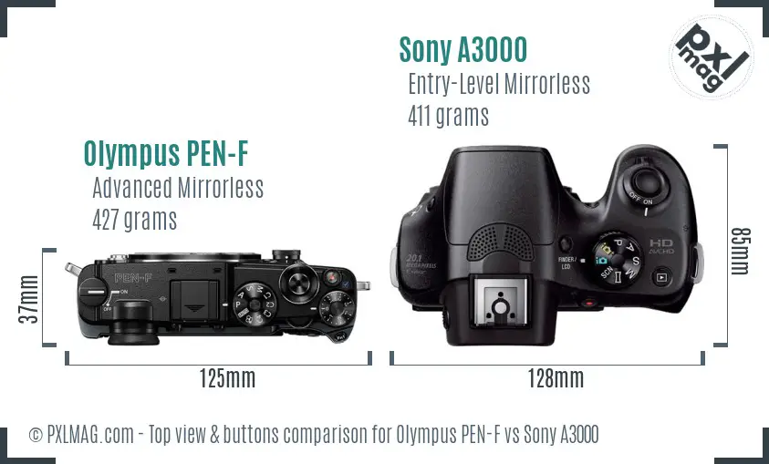 Olympus PEN-F vs Sony A3000 top view buttons comparison