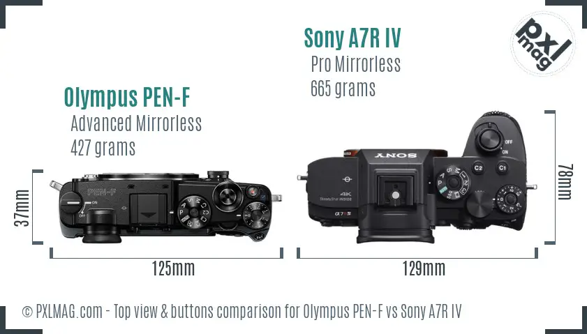 Olympus PEN-F vs Sony A7R IV top view buttons comparison Olympus PEN-F vs Sony A7R IV top view buttons comparison