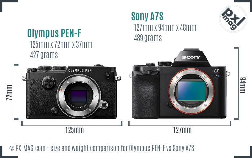 Olympus PEN-F vs Sony A7S size comparison