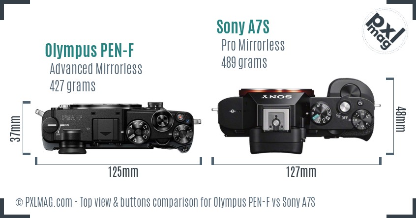 Olympus PEN-F vs Sony A7S top view buttons comparison