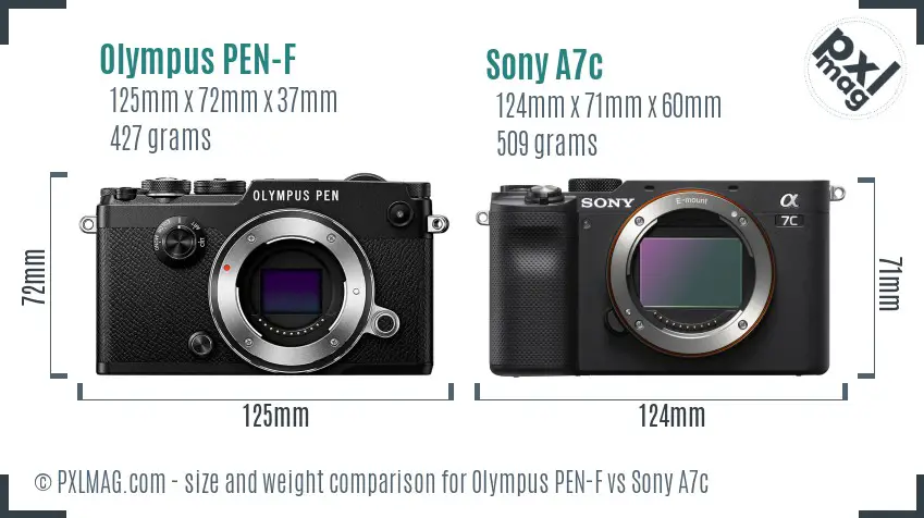 Olympus PEN-F vs Sony A7c size comparison