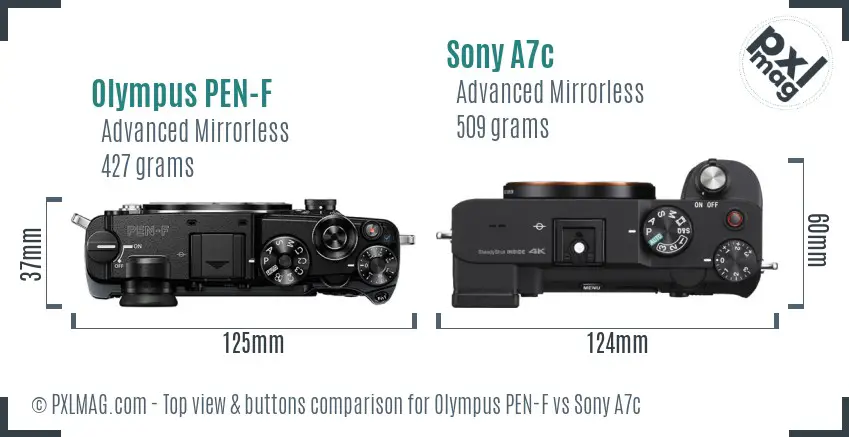 Olympus PEN-F vs Sony A7c top view buttons comparison
