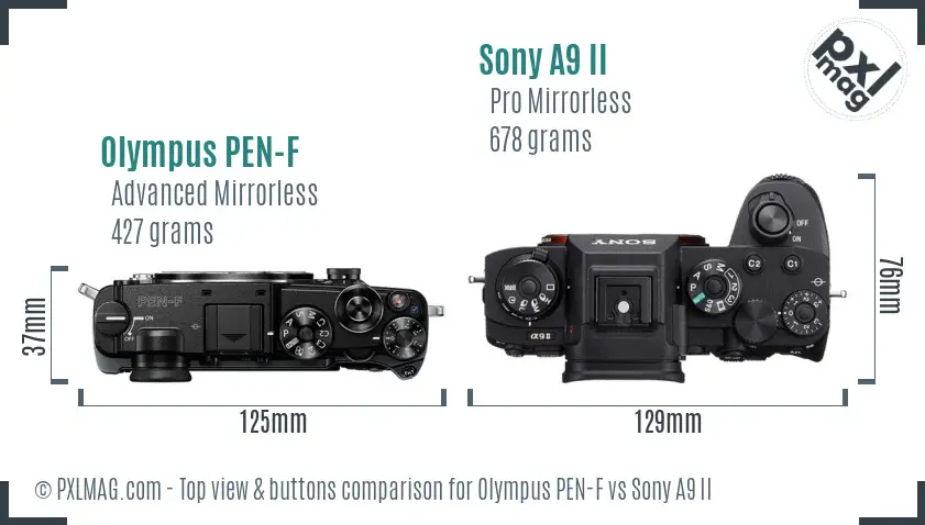 Olympus PEN-F vs Sony A9 II top view buttons comparison