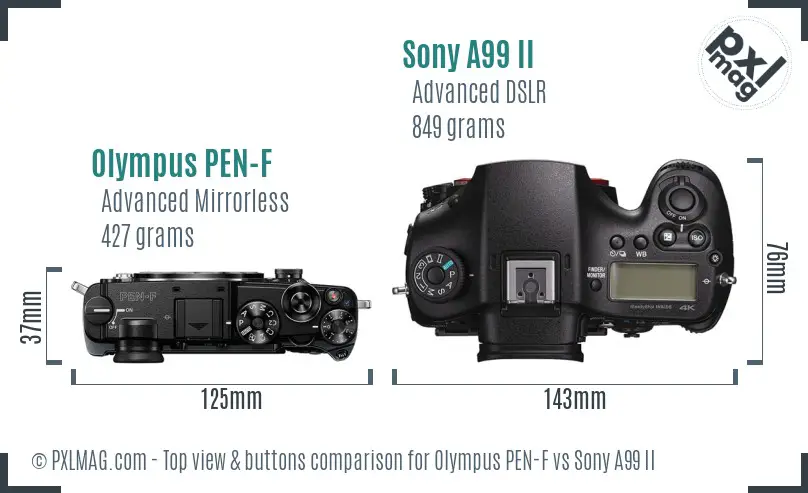 Olympus PEN-F vs Sony A99 II top view buttons comparison