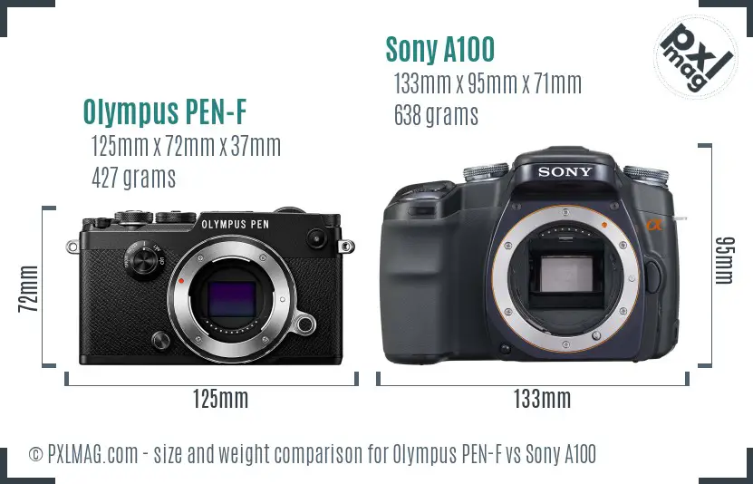 Olympus PEN-F vs Sony A100 size comparison