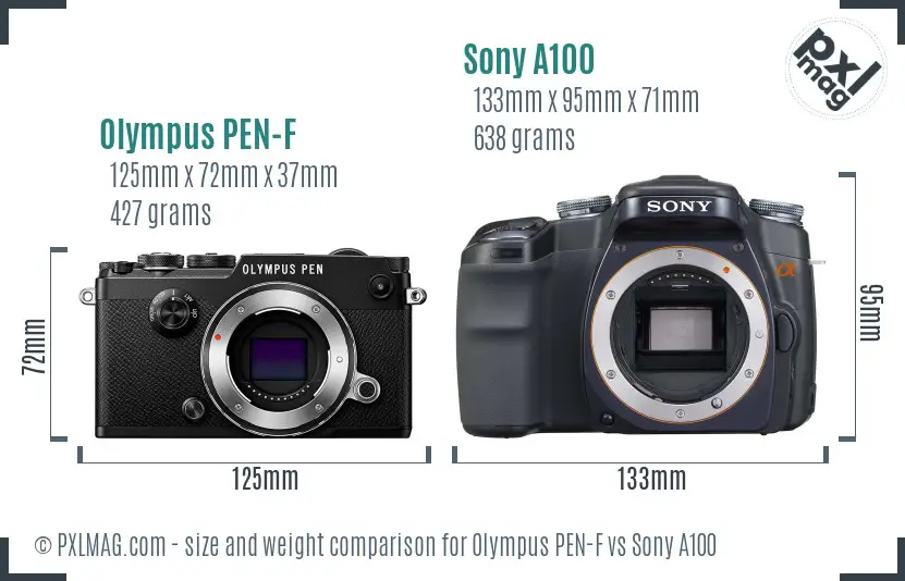 Olympus PEN-F vs Sony A100 size comparison Olympus PEN-F vs Sony A100 size comparison