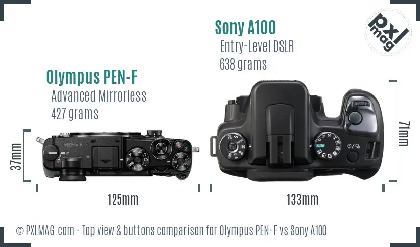 Olympus PEN-F vs Sony A100 top view buttons comparison