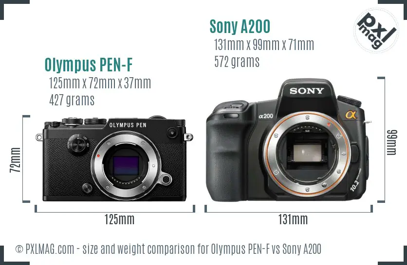 Olympus PEN-F vs Sony A200 size comparison