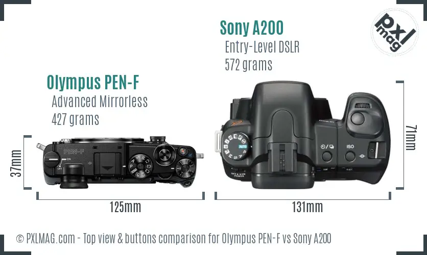 Olympus PEN-F vs Sony A200 top view buttons comparison