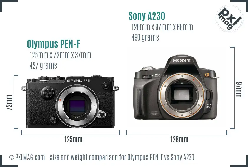 Olympus PEN-F vs Sony A230 size comparison