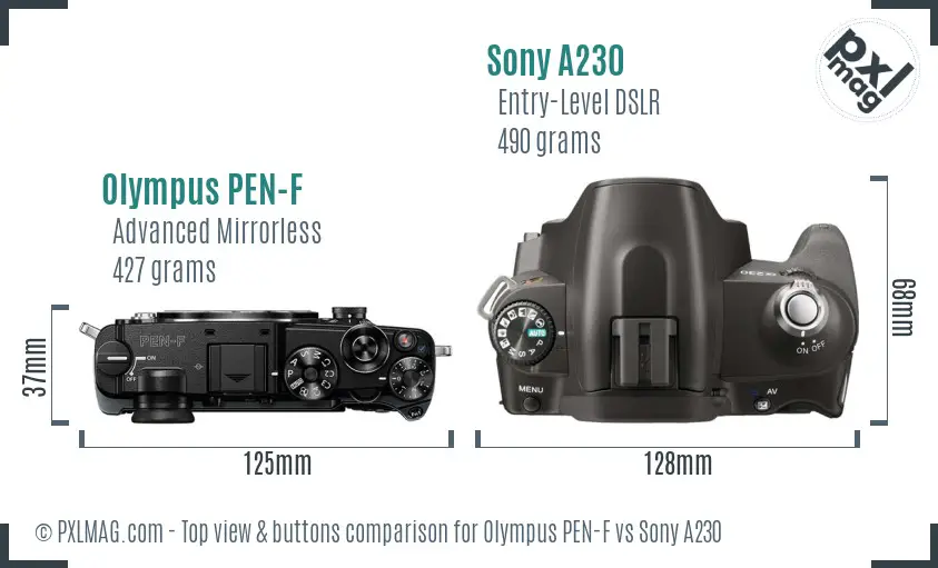 Olympus PEN-F vs Sony A230 top view buttons comparison