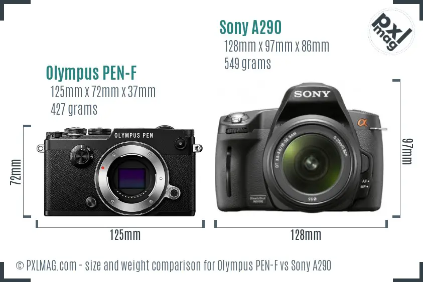 Olympus PEN-F vs Sony A290 size comparison