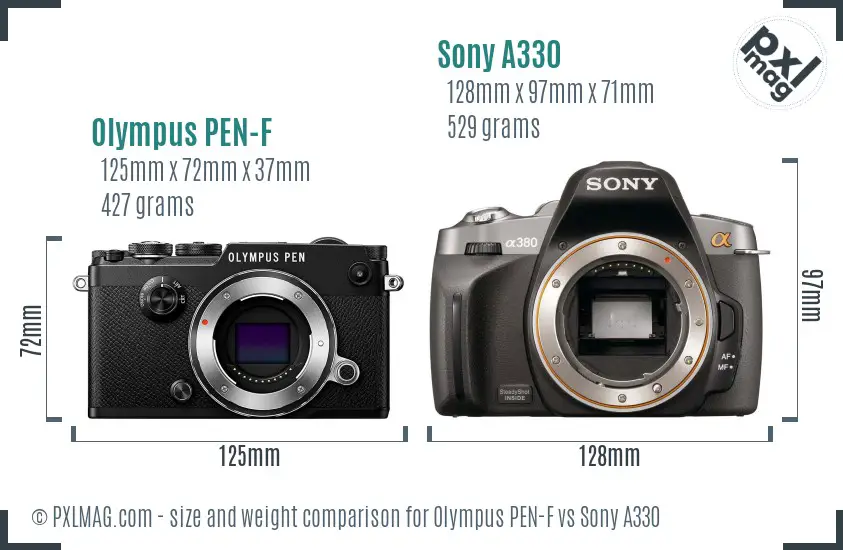 Olympus PEN-F vs Sony A330 size comparison