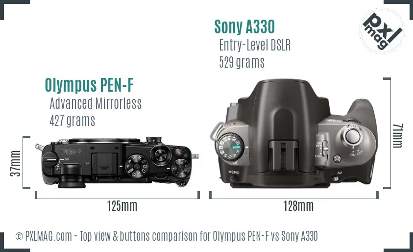 Olympus PEN-F vs Sony A330 top view buttons comparison