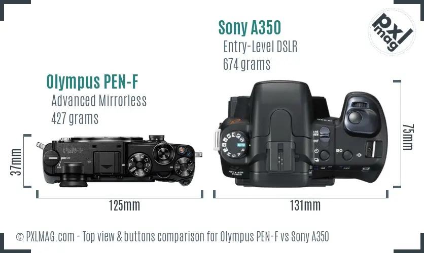 Olympus PEN-F vs Sony A350 top view buttons comparison