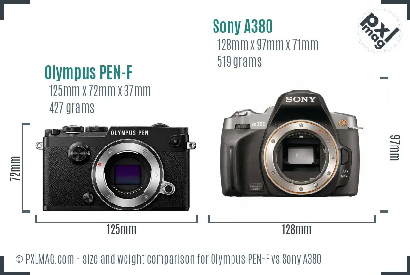 Olympus PEN-F vs Sony A380 size comparison