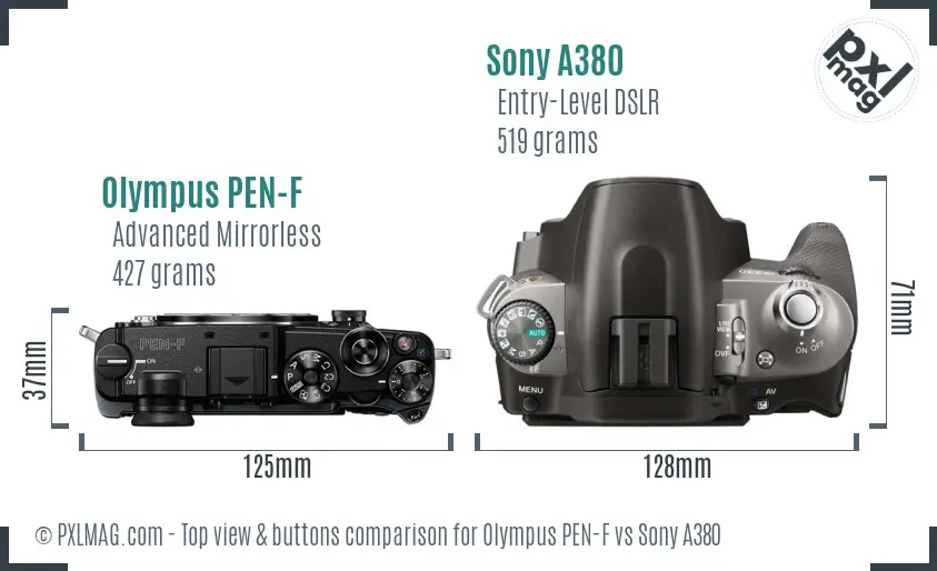 Olympus PEN-F vs Sony A380 top view buttons comparison