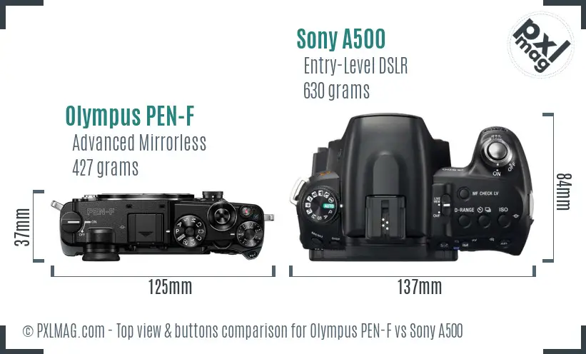 Olympus PEN-F vs Sony A500 top view buttons comparison