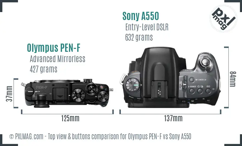 Olympus PEN-F vs Sony A550 top view buttons comparison