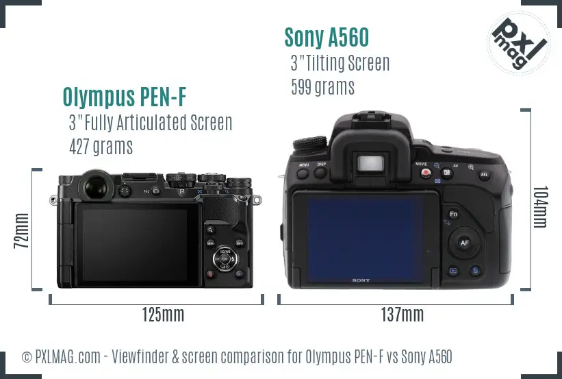 Olympus PEN-F vs Sony A560 Screen and Viewfinder comparison