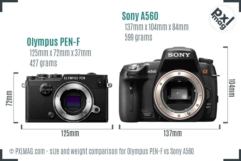 Olympus PEN-F vs Sony A560 size comparison