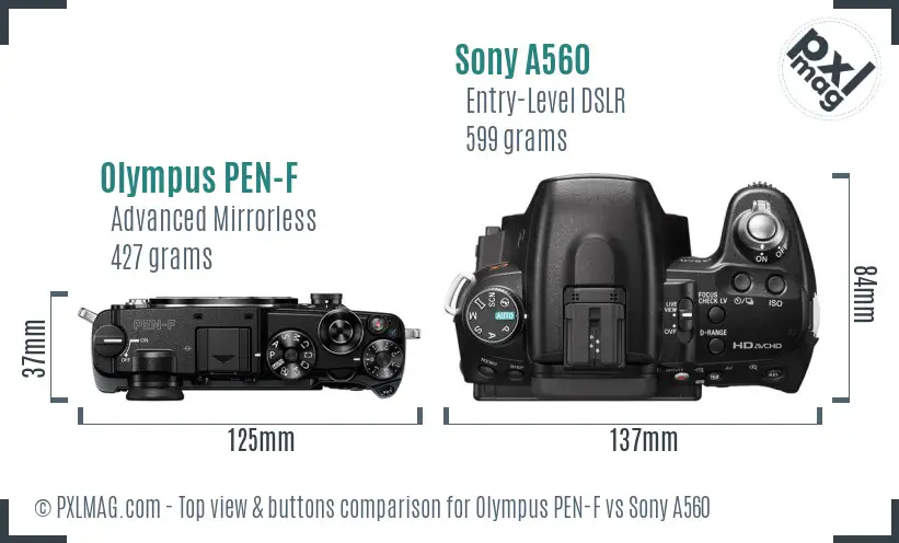 Olympus PEN-F vs Sony A560 top view buttons comparison