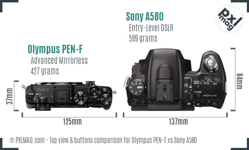 Olympus PEN-F vs Sony A580 top view buttons comparison