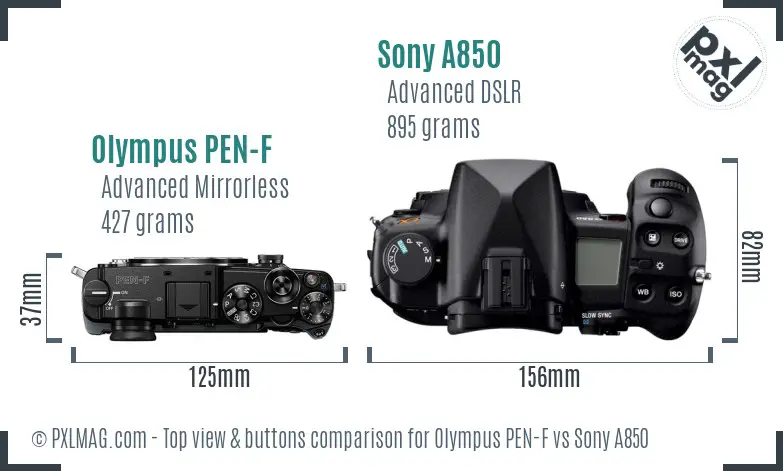 Olympus PEN-F vs Sony A850 top view buttons comparison