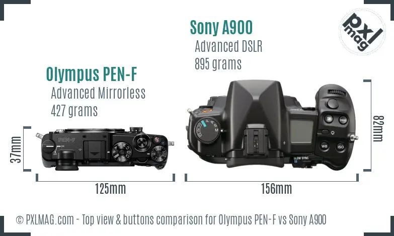 Olympus PEN-F vs Sony A900 top view buttons comparison