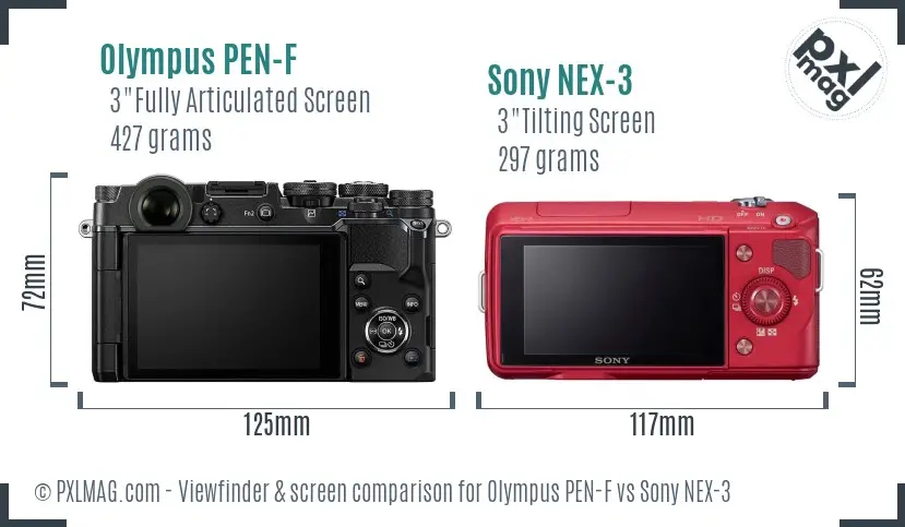 Olympus PEN-F vs Sony NEX-3 Screen and Viewfinder comparison