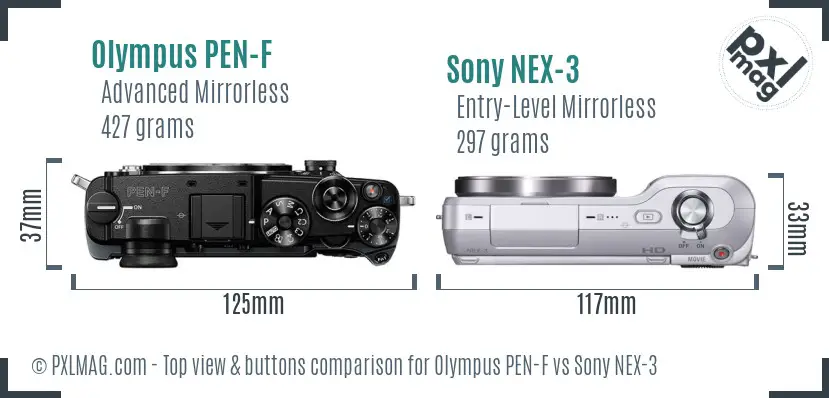 Olympus PEN-F vs Sony NEX-3 top view buttons comparison