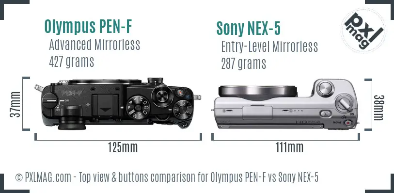 Olympus PEN-F vs Sony NEX-5 top view buttons comparison