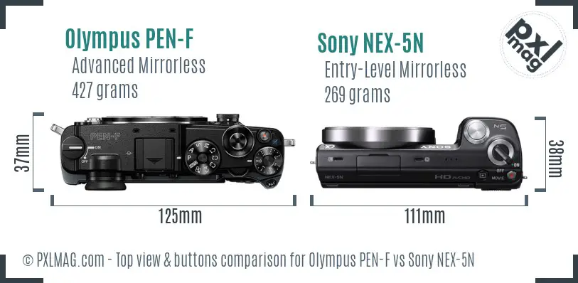 Olympus PEN-F vs Sony NEX-5N top view buttons comparison