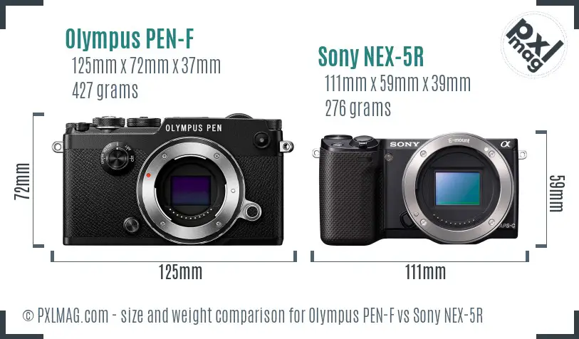 Olympus PEN-F vs Sony NEX-5R size comparison