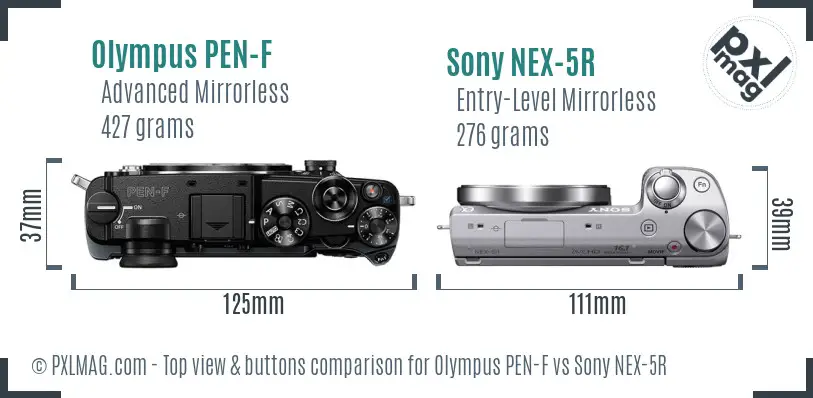 Olympus PEN-F vs Sony NEX-5R top view buttons comparison